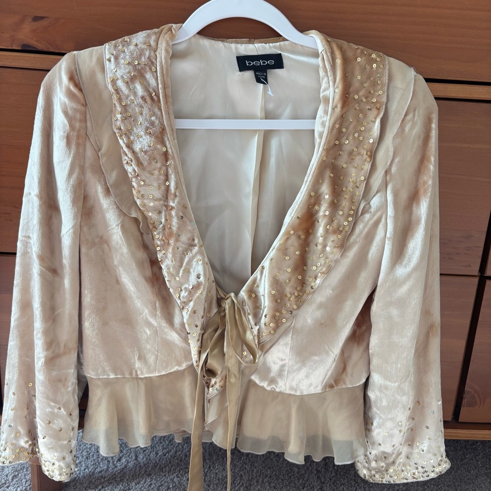 Y2K bebe Gold Velvet Peplum Tie-Front Top